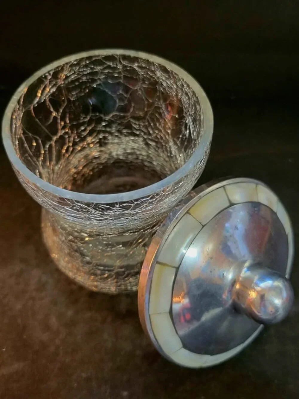 Vintage Vanity Crackle-Glass and a Pewter Lid Accented With Mother-of-Pearl